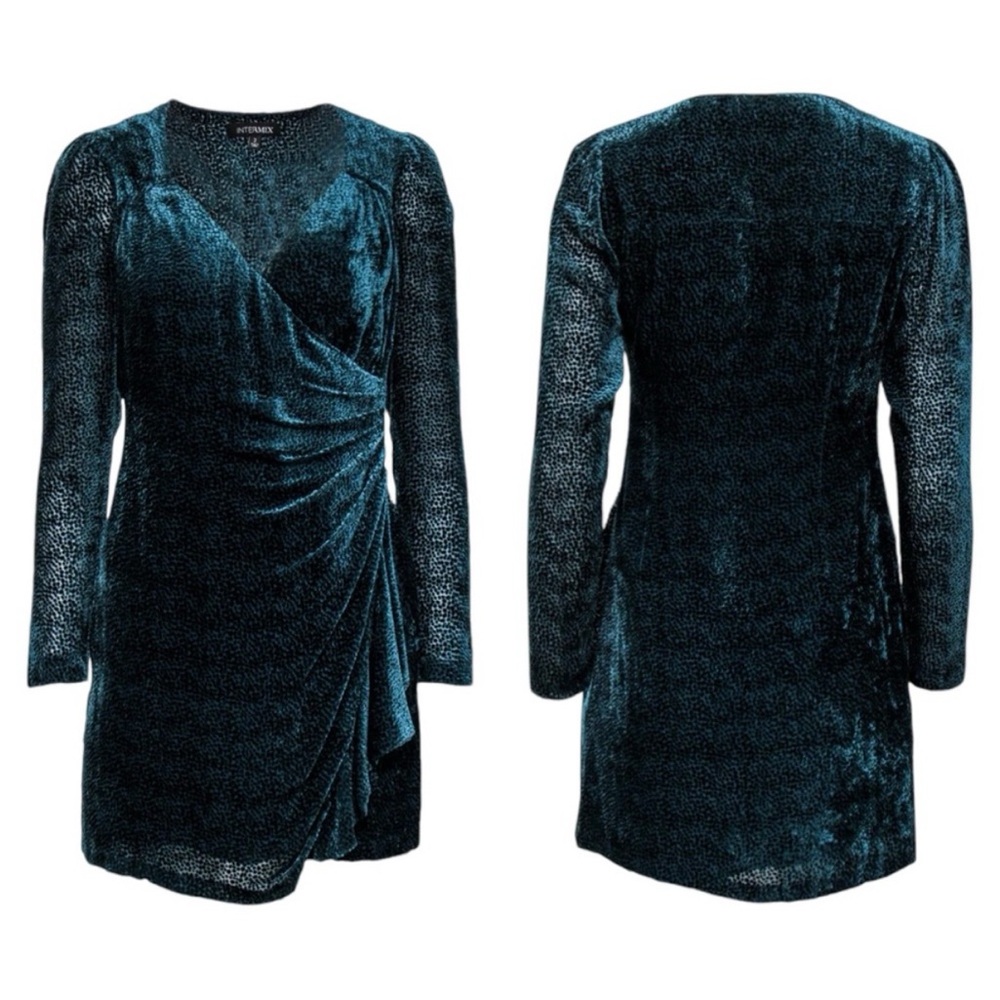INTERMIX Teal Velvet Wrap Long Sleeve Mini Dress